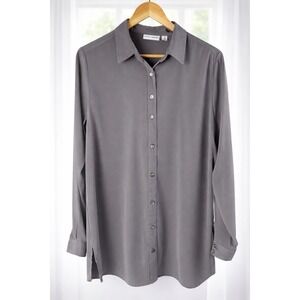 Susan Graver Button Up Blouse Top Career Layered Gray Long Sleeve Size  M